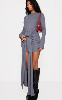 Charcoal Heavy Brushed Rib Wrap Tie Bodycon Dress