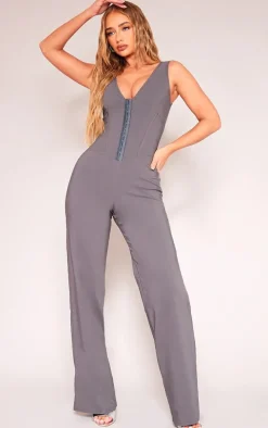 Charcoal Hook And Eye Corset Detail Flared Jumpsuit
