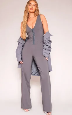 Charcoal Hook And Eye Corset Detail Flared Jumpsuit