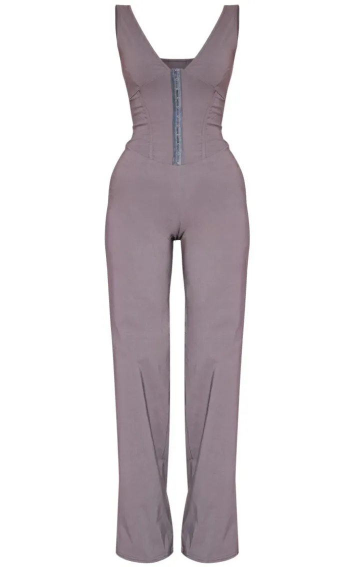Charcoal Hook And Eye Corset Detail Flared Jumpsuit
