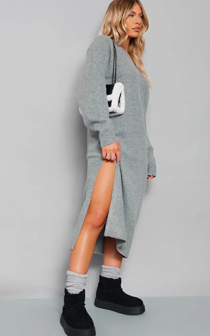 Charcoal Knit V Neck Oversized Slouchy Maxi Dress