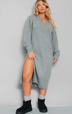 Charcoal Knit V Neck Oversized Slouchy Maxi Dress