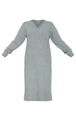 Charcoal Knit V Neck Oversized Slouchy Maxi Dress