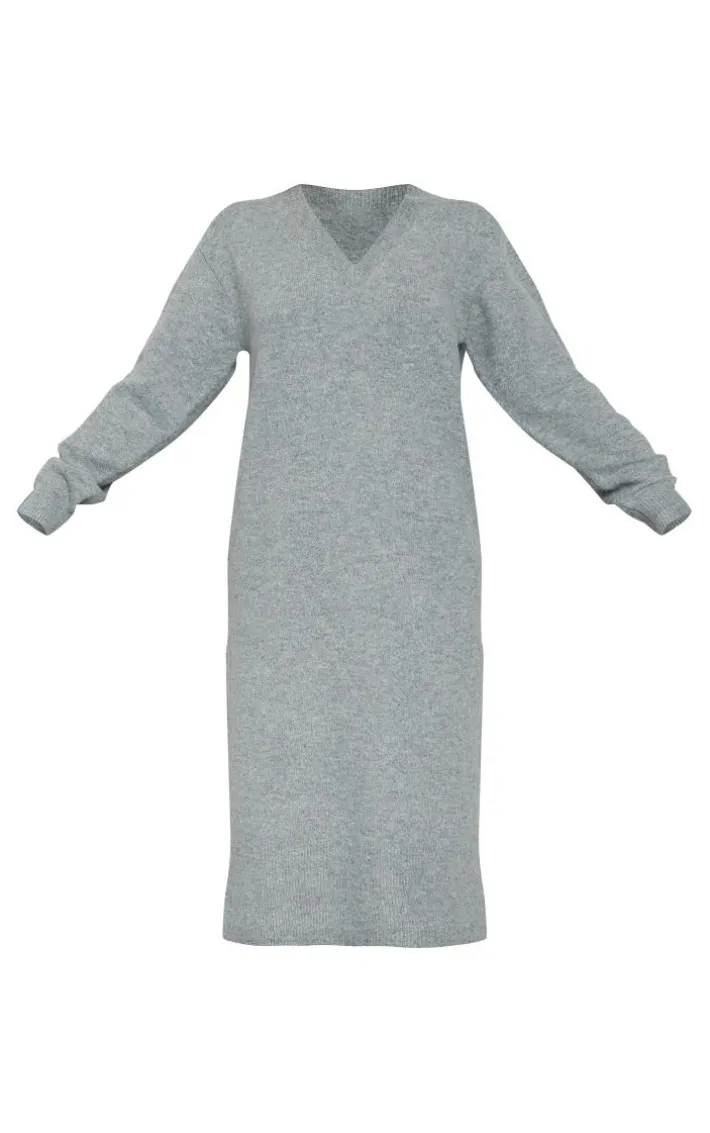 Charcoal Knit V Neck Oversized Slouchy Maxi Dress