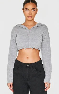 Charcoal Knitted Zip Up Distressed Detail Cropped Sweater