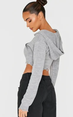 Charcoal Knitted Zip Up Distressed Detail Cropped Sweater