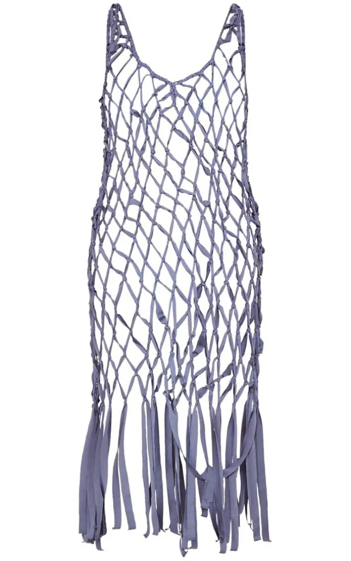 Charcoal Macrame Tassel Hem Plunge Beach Dress