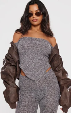 Charcoal Marl Knit Underbust Detail Bardot Long Sleeve Top