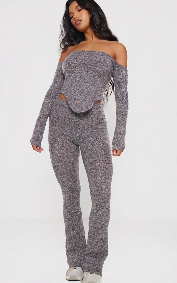Charcoal Marl Knit Underbust Detail Bardot Long Sleeve Top