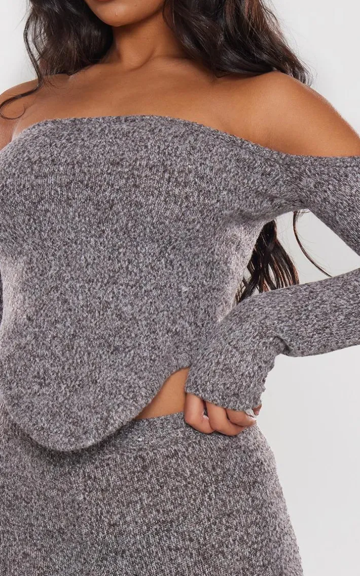 Charcoal Marl Knit Underbust Detail Bardot Long Sleeve Top