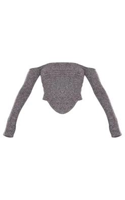 Charcoal Marl Knit Underbust Detail Bardot Long Sleeve Top