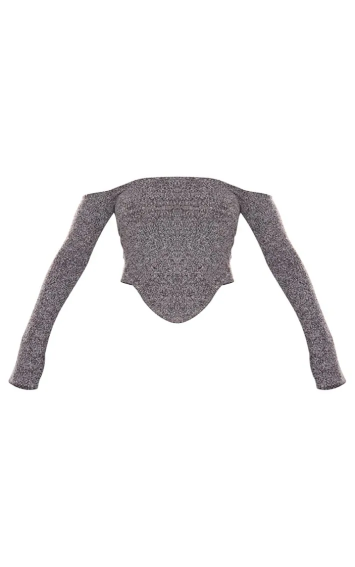 Charcoal Marl Knit Underbust Detail Bardot Long Sleeve Top