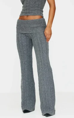 Charcoal Marl Textured Knit Foldover Wide Leg Pants