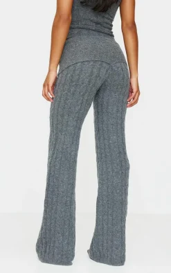 Charcoal Marl Textured Knit Foldover Wide Leg Pants