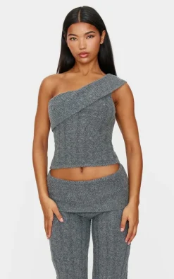 Charcoal Marl Textured Knit Foldover Wide Leg Pants