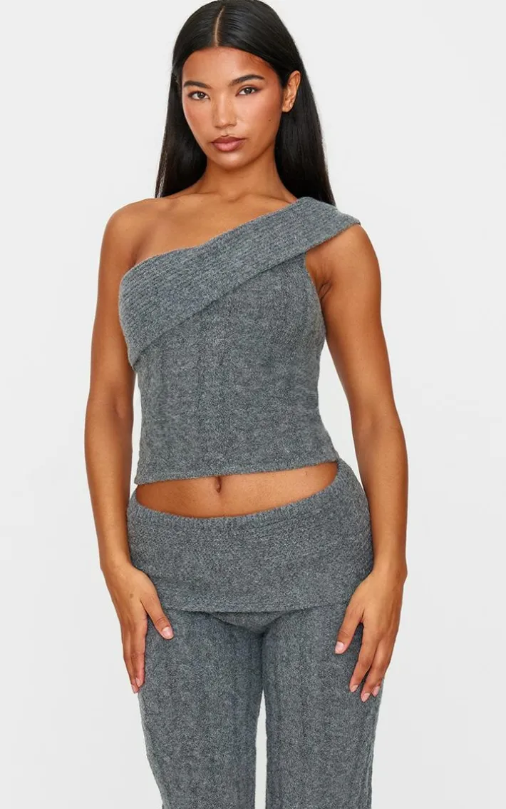 Charcoal Marl Textured Knit Foldover Bandeau Top