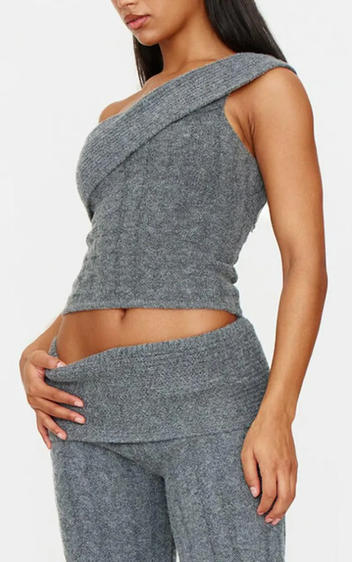 Charcoal Marl Textured Knit Foldover Bandeau Top