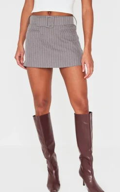 Charcoal Pinstripe Belted Micro Mini Skirt