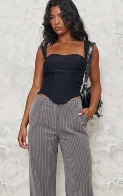 Charcoal Pinstripe Double Waistband Detail Tailored Pants