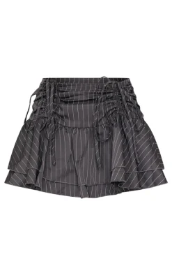 Charcoal Pinstripe Woven Ruched Front Peplum Mini Skirt