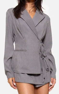 Charcoal Premium Tailored Woven Wrap Front Romper