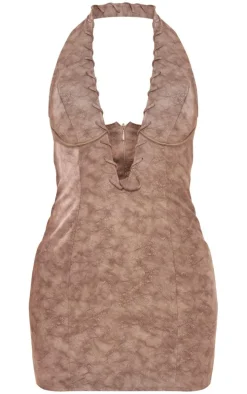 Charcoal Printed PU Lace Detail Underwire Halterneck Bodycon Dress