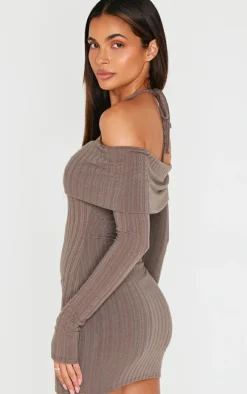 Charcoal Rib Bardot Fold Over Bodycon Dress