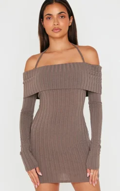 Charcoal Rib Bardot Fold Over Bodycon Dress