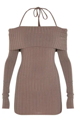 Charcoal Rib Bardot Fold Over Bodycon Dress