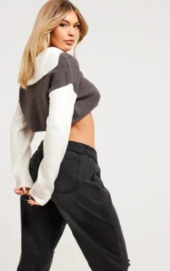 Charcoal Rib Knit Contrast Detailing Varsity Cropped Half Zip