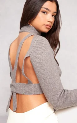 Charcoal Rib Knit Open Back Cropped Sweater