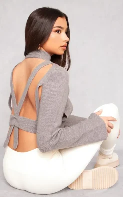 Charcoal Rib Knit Open Back Cropped Sweater