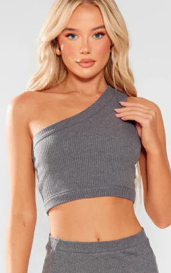 Charcoal Rib One Shoulder Strappy Crop Top
