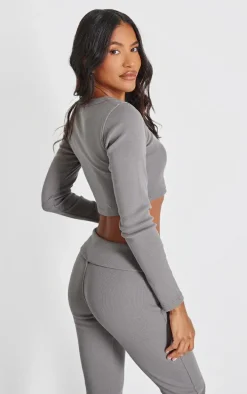 Charcoal Rib Scoop Neck Long Sleeve Crop Top
