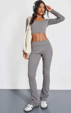 Charcoal Rib Scoop Neck Long Sleeve Crop Top