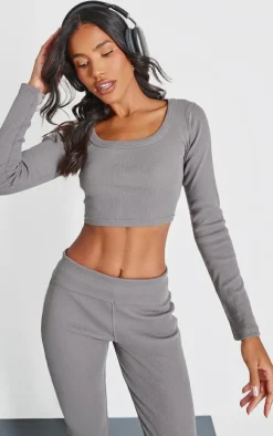 Charcoal Rib Scoop Neck Long Sleeve Crop Top
