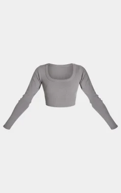 Charcoal Rib Scoop Neck Long Sleeve Crop Top