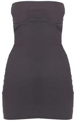 Charcoal Ribbed Bandeau Underbust Detail Bodycon Dress