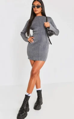 Charcoal Ribbed Exposed Seam Long Sleeve Bodycon Dress