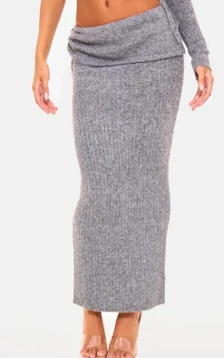 Charcoal Ribbed Knit Ruched Fold Over Maxi Skirt