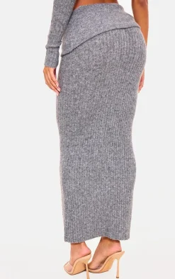 Charcoal Ribbed Knit Ruched Fold Over Maxi Skirt