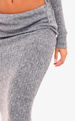 Charcoal Ribbed Knit Ruched Fold Over Maxi Skirt