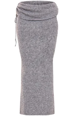 Charcoal Ribbed Knit Ruched Fold Over Maxi Skirt
