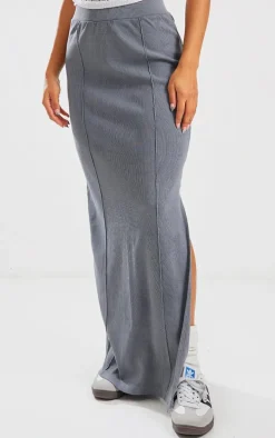 Charcoal Ribbed Pocket Back Detail Maxi Skirt
