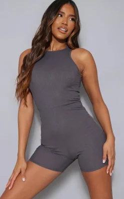 Charcoal Ribbed Racer Neck Unitard