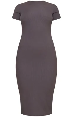 Charcoal Ribbed Short Sleeve Crew Neck Midi Dress