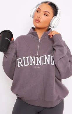 Charcoal Running Embroidered Zip Up Sweatshirt