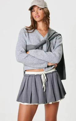 Charcoal Satin Double Waistband Detail Tailored Woven Pleated Mini Skirt