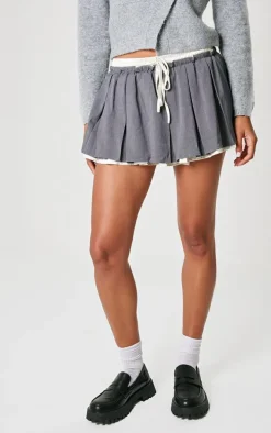 Charcoal Satin Double Waistband Detail Tailored Woven Pleated Mini Skirt