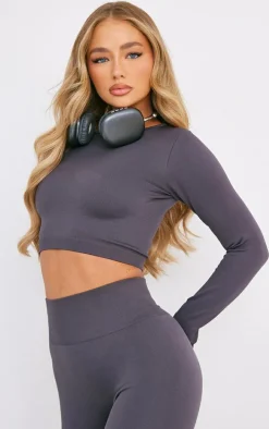 Charcoal Seamless Long Sleeve Cropped Gym Top